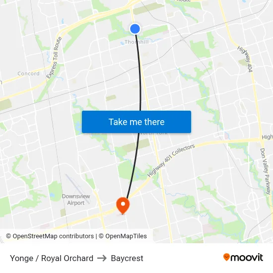 Yonge / Royal Orchard to Baycrest map