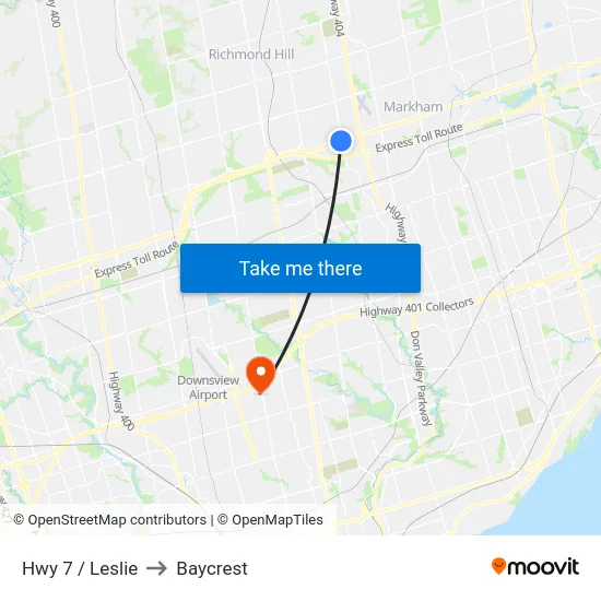 Hwy 7 / Leslie to Baycrest map