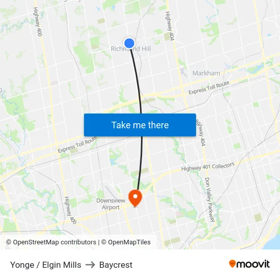 Yonge / Elgin Mills to Baycrest map