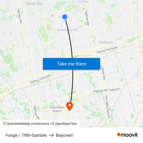 Yonge / 19th-Gamble to Baycrest map