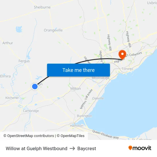 Willow at Guelph Westbound to Baycrest map