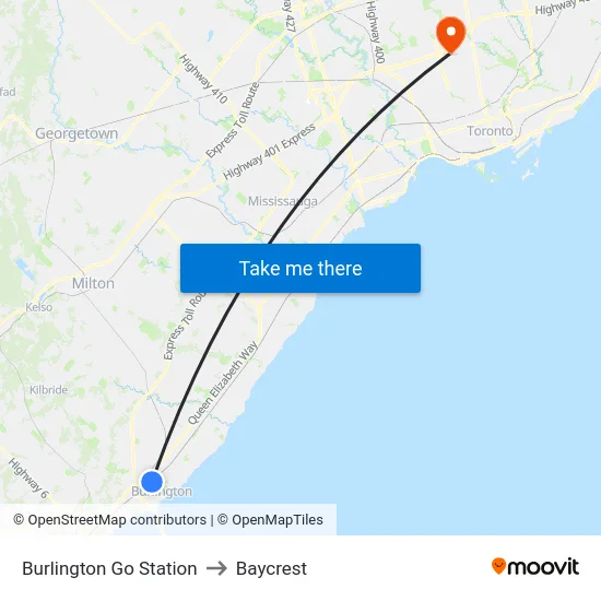 Burlington Go Station to Baycrest map