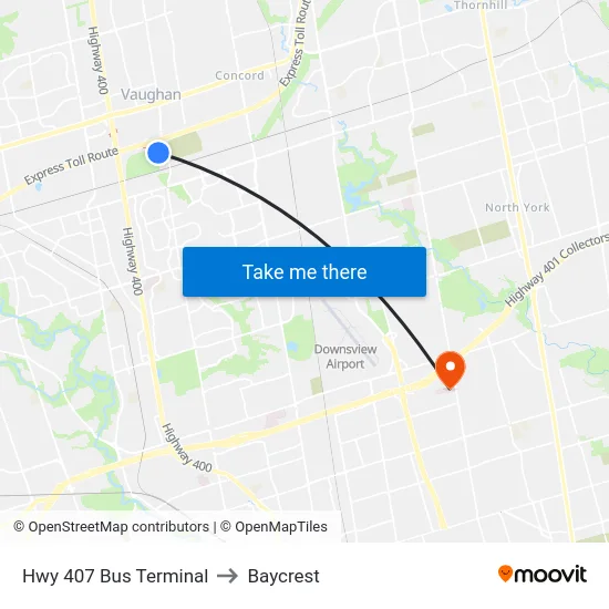 Hwy 407 Bus Terminal to Baycrest map
