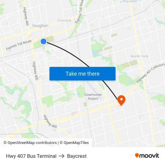 Hwy 407 Bus Terminal to Baycrest map