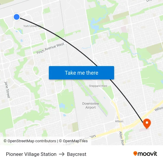 Pioneer Village Station to Baycrest map