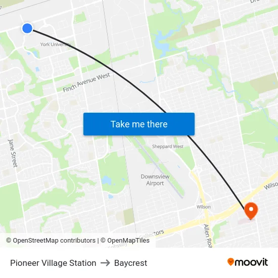 Pioneer Village Station to Baycrest map