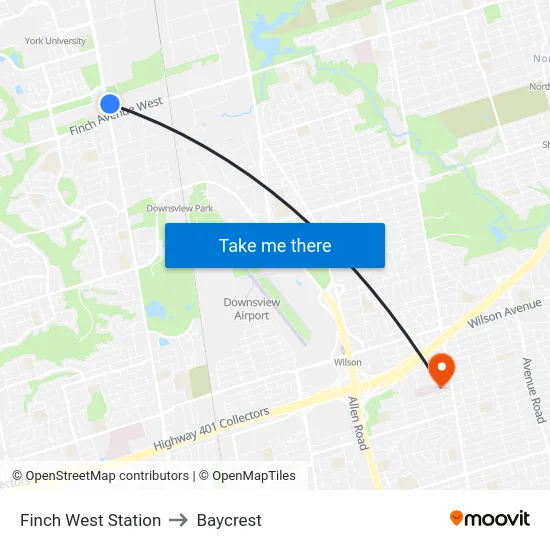Finch West Station to Baycrest map