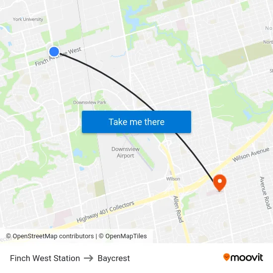 Finch West Station to Baycrest map