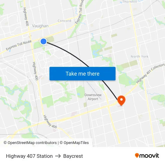 Highway 407 Station to Baycrest map