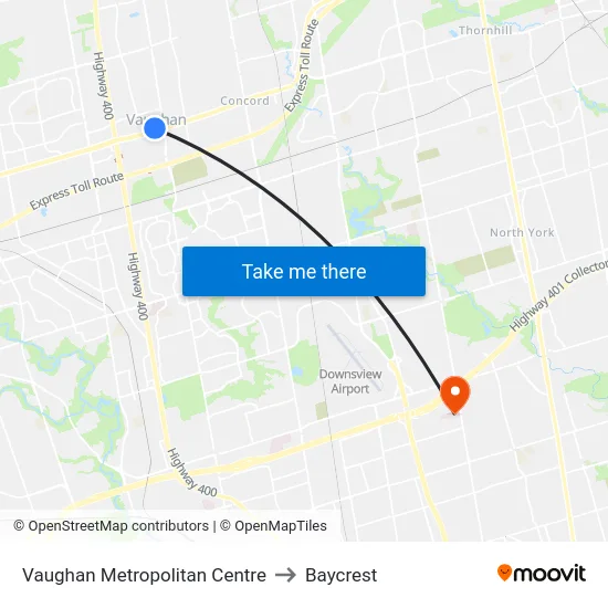 Vaughan Metropolitan Centre to Baycrest map