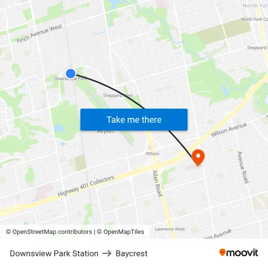 Downsview Park Station to Baycrest map