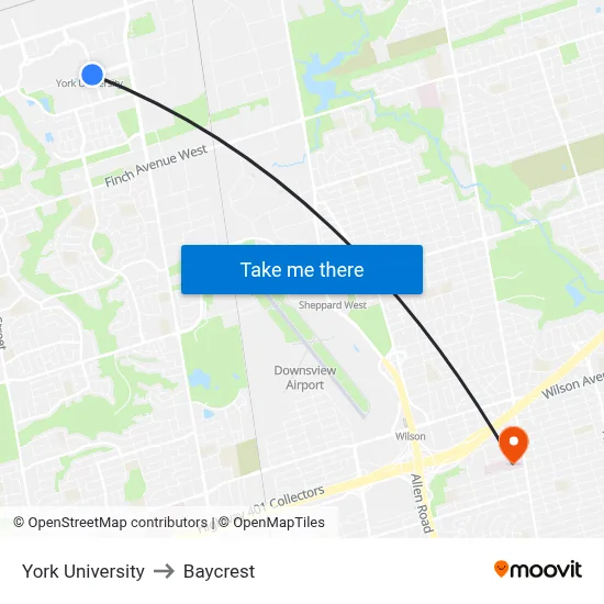 York University to Baycrest map