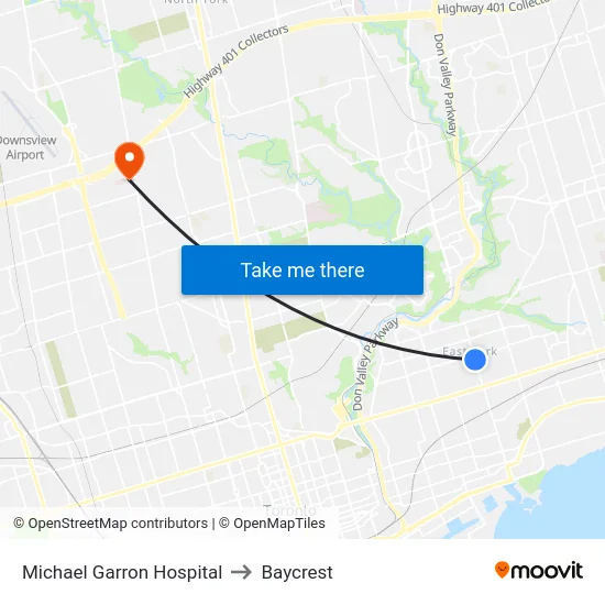 Michael Garron Hospital to Baycrest map