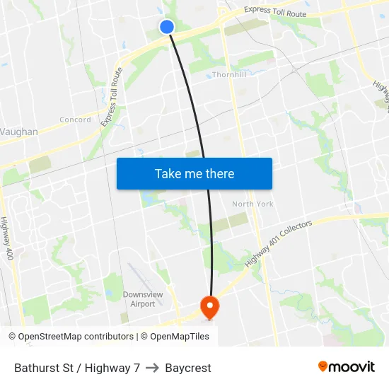 Bathurst St / Highway 7 to Baycrest map
