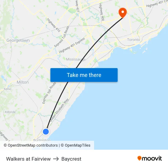 Walkers at Fairview to Baycrest map