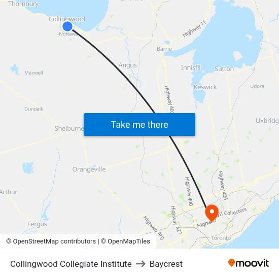 Collingwood Collegiate Institute to Baycrest map