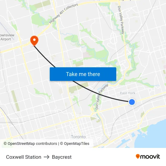 Coxwell Station to Baycrest map