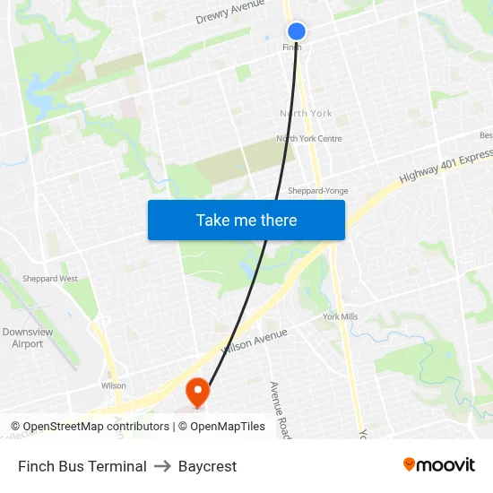Finch Bus Terminal to Baycrest map