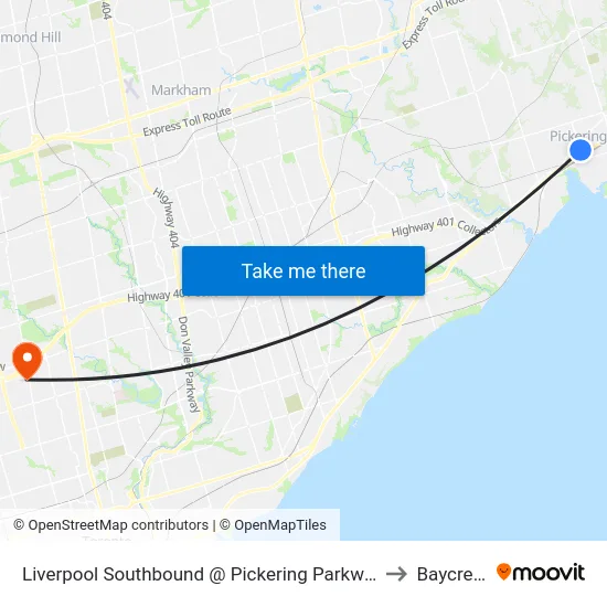 Liverpool Southbound @ Pickering Parkway to Baycrest map
