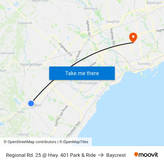 Regional Rd. 25 @ Hwy. 401 Park & Ride to Baycrest map