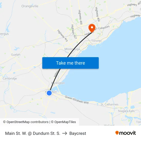 Main St. W. @ Dundurn St. S. to Baycrest map
