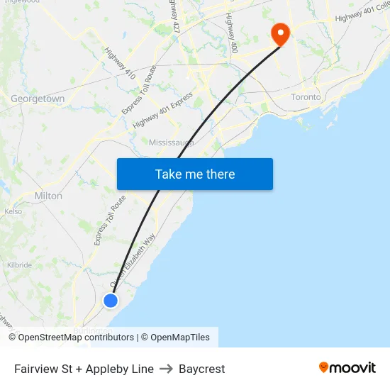 Fairview St + Appleby Line to Baycrest map