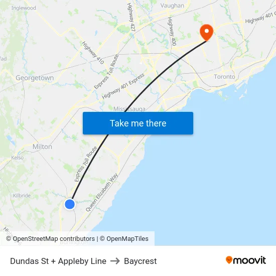 Dundas St + Appleby Line to Baycrest map