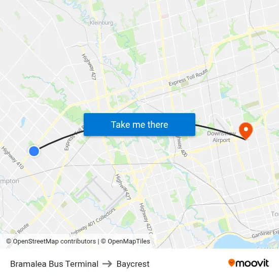 Bramalea Bus Terminal to Baycrest map