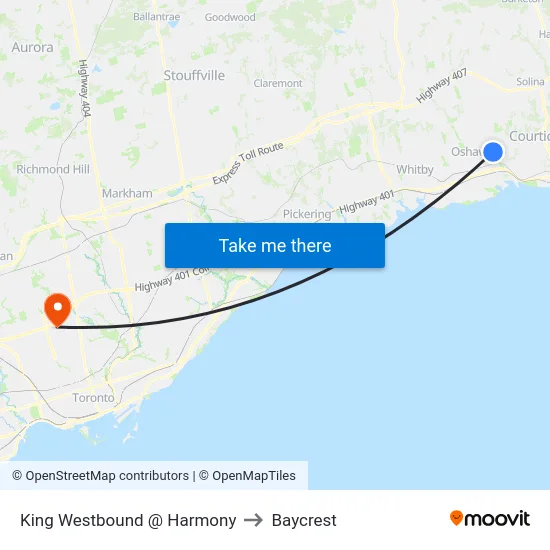 King Westbound @ Harmony to Baycrest map