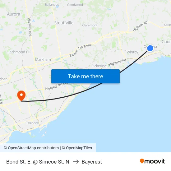 Bond St. E. @ Simcoe St. N. to Baycrest map