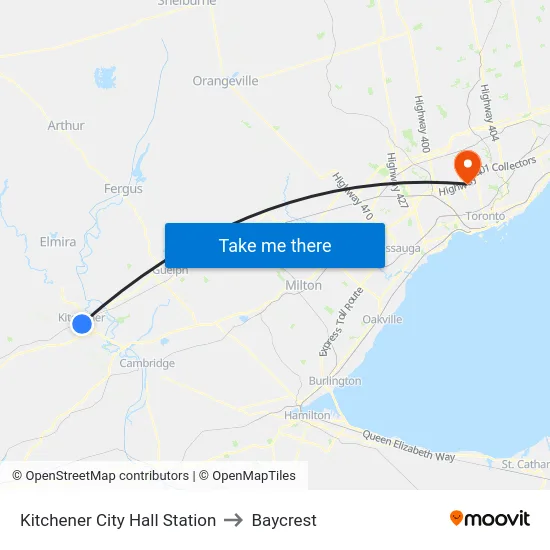 Kitchener City Hall Station to Baycrest map