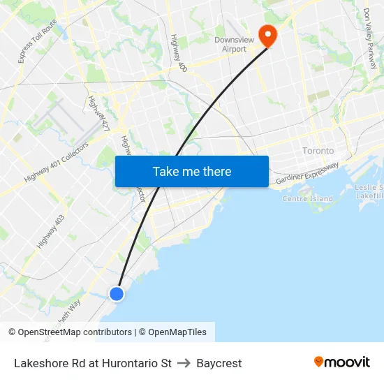 Lakeshore Rd at Hurontario St to Baycrest map