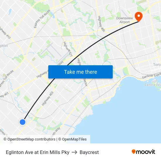 Eglinton Ave at Erin Mills Pky to Baycrest map