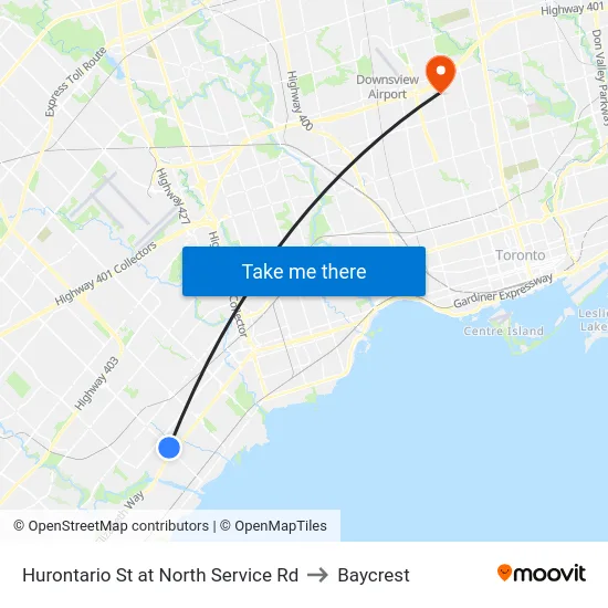 Hurontario St at North Service Rd to Baycrest map