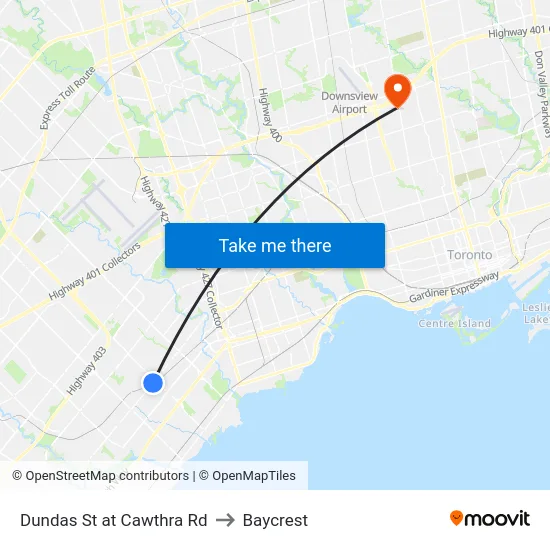 Dundas St at Cawthra Rd to Baycrest map