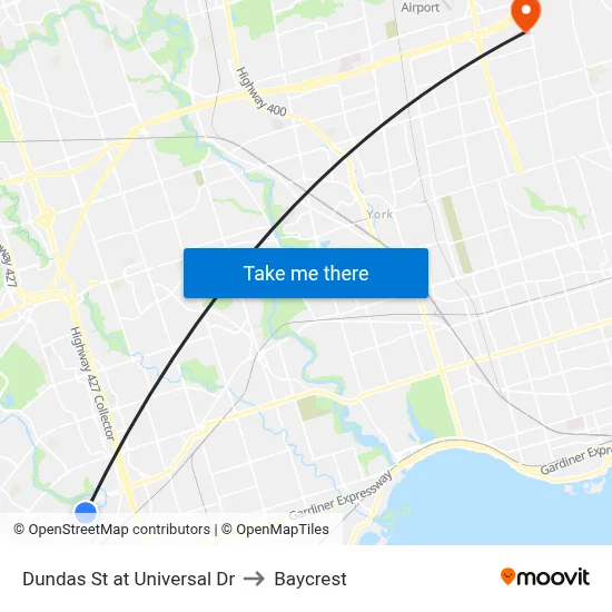Dundas St at Universal Dr to Baycrest map
