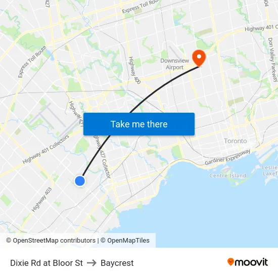 Dixie Rd at Bloor St to Baycrest map