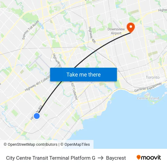 City Centre Transit Terminal Platform G to Baycrest map