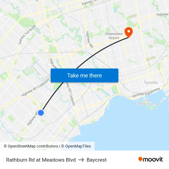 Rathburn Rd at Meadows Blvd to Baycrest map