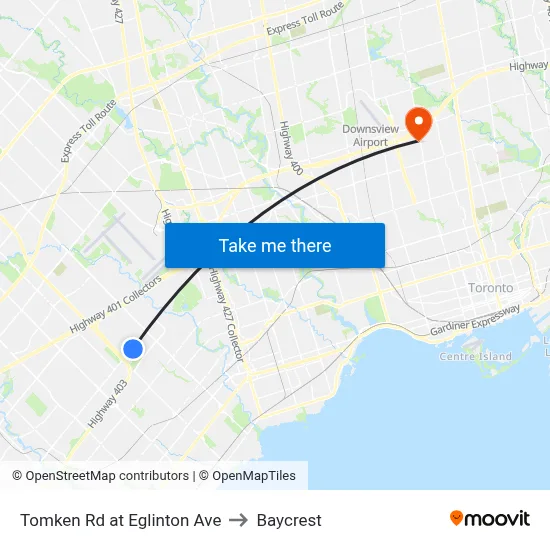 Tomken Rd at Eglinton Ave to Baycrest map