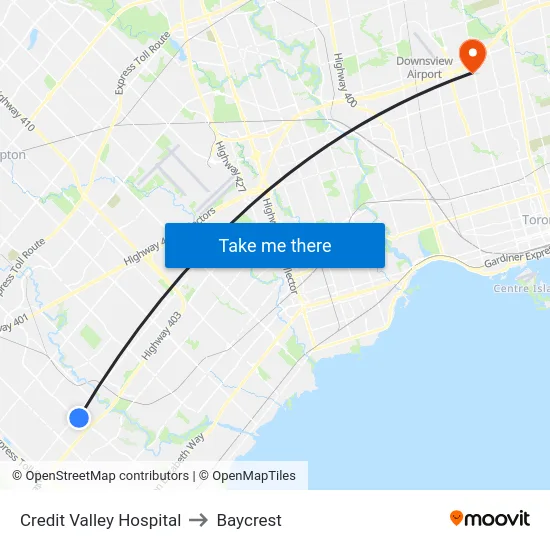 Credit Valley Hospital to Baycrest map