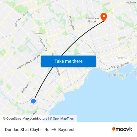 Dundas St at Clayhill Rd to Baycrest map