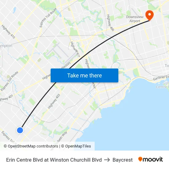 Erin Centre Blvd at Winston Churchill Blvd to Baycrest map