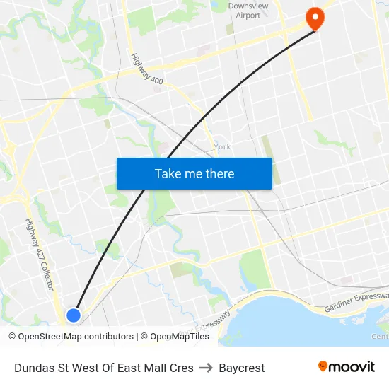 Dundas St West Of East Mall Cres to Baycrest map