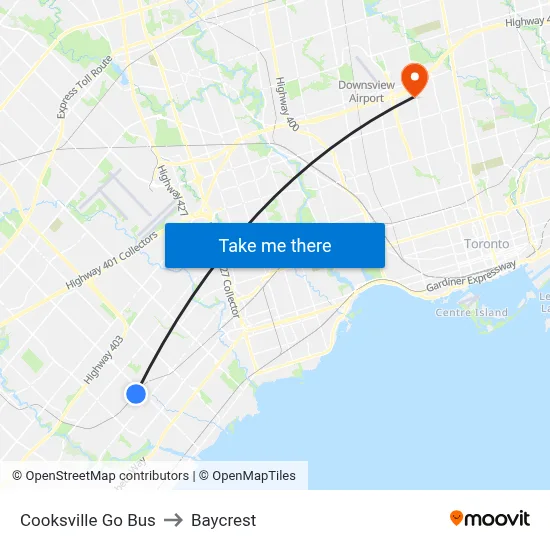 Cooksville Go Bus to Baycrest map
