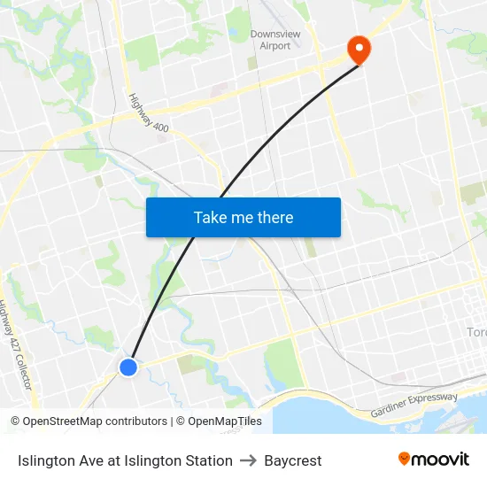Islington Ave at Islington Station to Baycrest map
