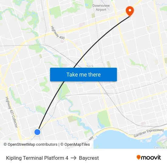 Kipling Terminal Platform 4 to Baycrest map