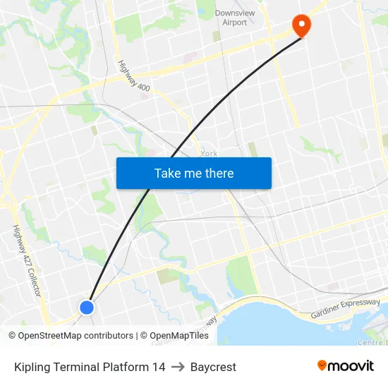 Kipling Terminal Platform 14 to Baycrest map