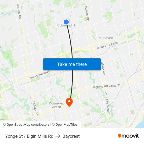 Yonge St / Elgin Mills Rd to Baycrest map