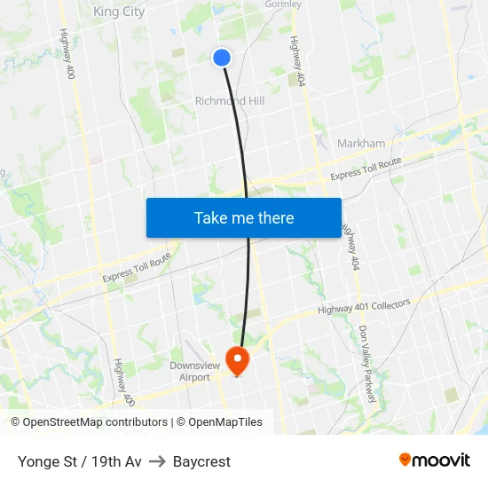 Yonge St / 19th Av to Baycrest map
